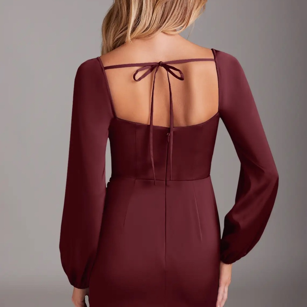 Azazie Long Sleeve Burgundy Satin Evening Gown - Picture 2 of 4